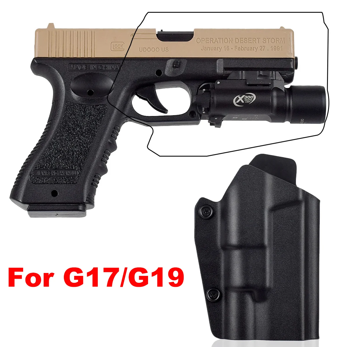 FMA G17L con funda Glock con soporte de luz SF, soporte de pistola rápido para cintura para lámparas G17/G19 y X300, funda táctica para pistola Airsoft