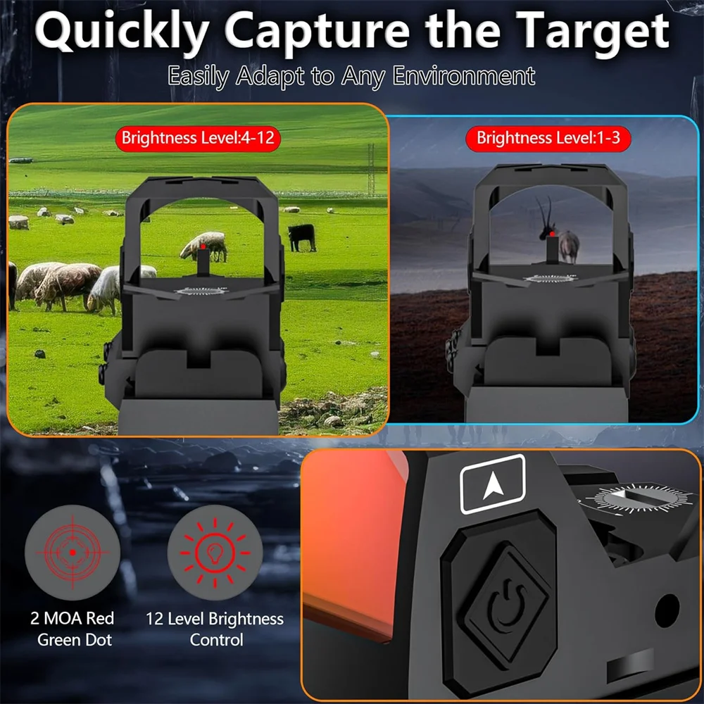 Mira de punto rojo MOA, mira óptica de punto rojo despierta por movimiento, mira réflex con 12 ajustes de brillo para rieles Picatinny de 20mm - imagen 3