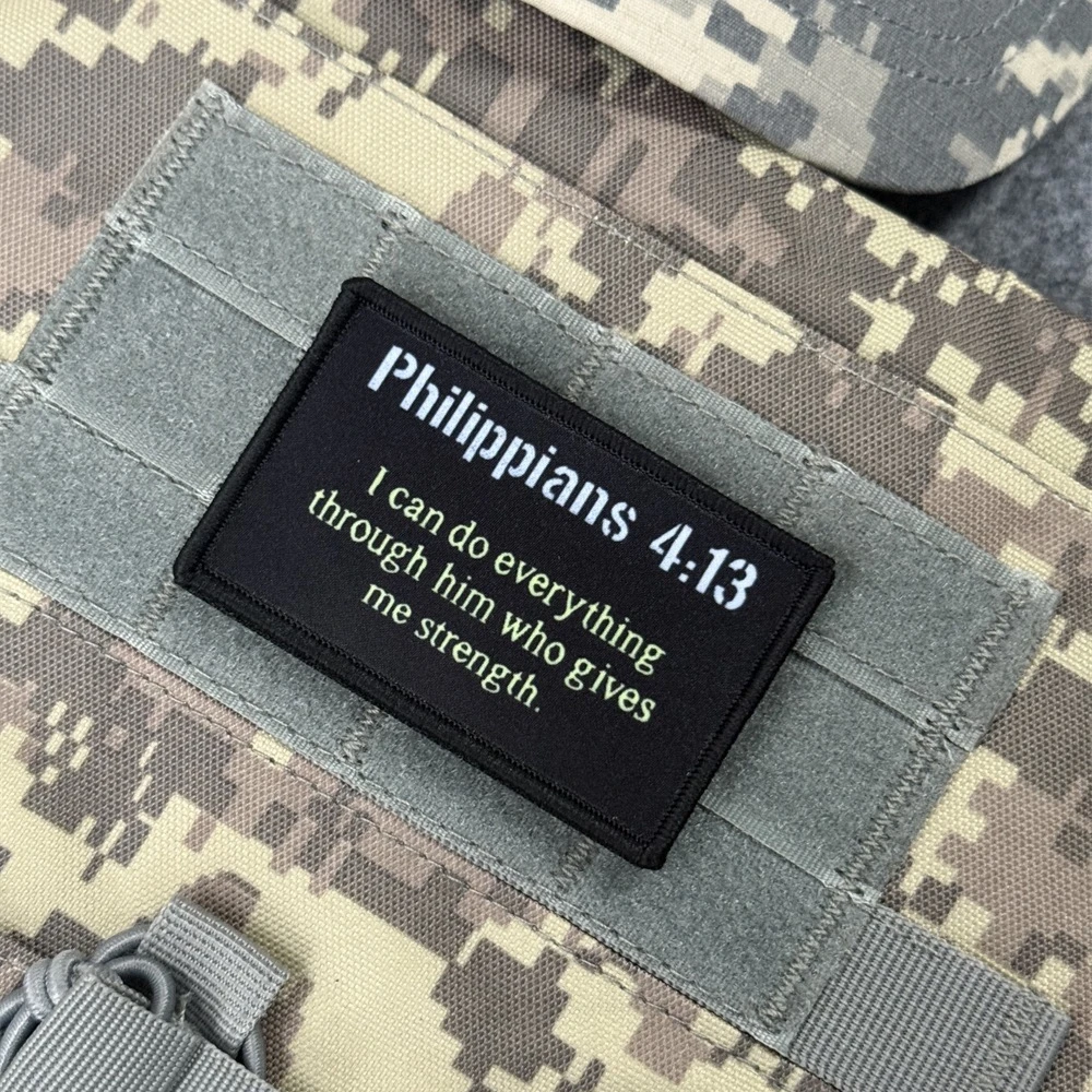 Filipenses 4:13 versículo de la Biblia, parche divertido religioso, insignia de moral táctica, gancho y bucle impreso, mochila, ropa, pegatina, brazalete