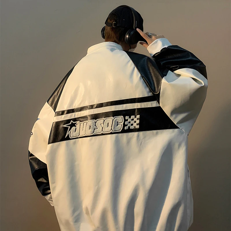 Chaqueta de motorista para hombre, abrigo de cuero para motocicleta, antiviento, con cremallera bordada, Top de otoño - imagen 5