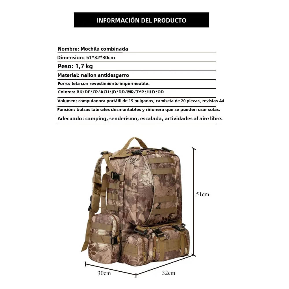 Mochila táctica de nailon Molle de alta capacidad de 55L, mochilas militares de asalto, Camping, caza, deporte, viajes, senderismo, bolsa militar al aire libre - imagen 4