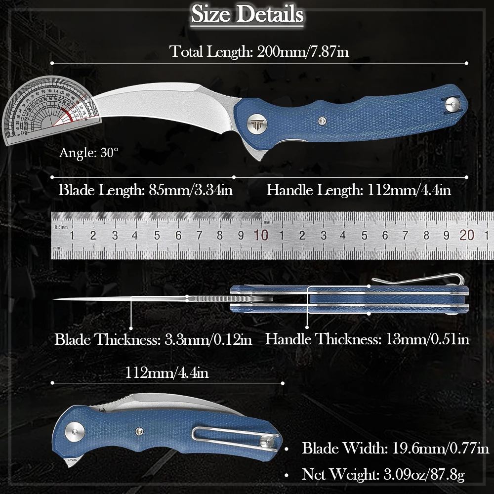 TRIVISA Pikal Cuchillo EDC plegable Hawkbill con clip y micarta - imagen 2