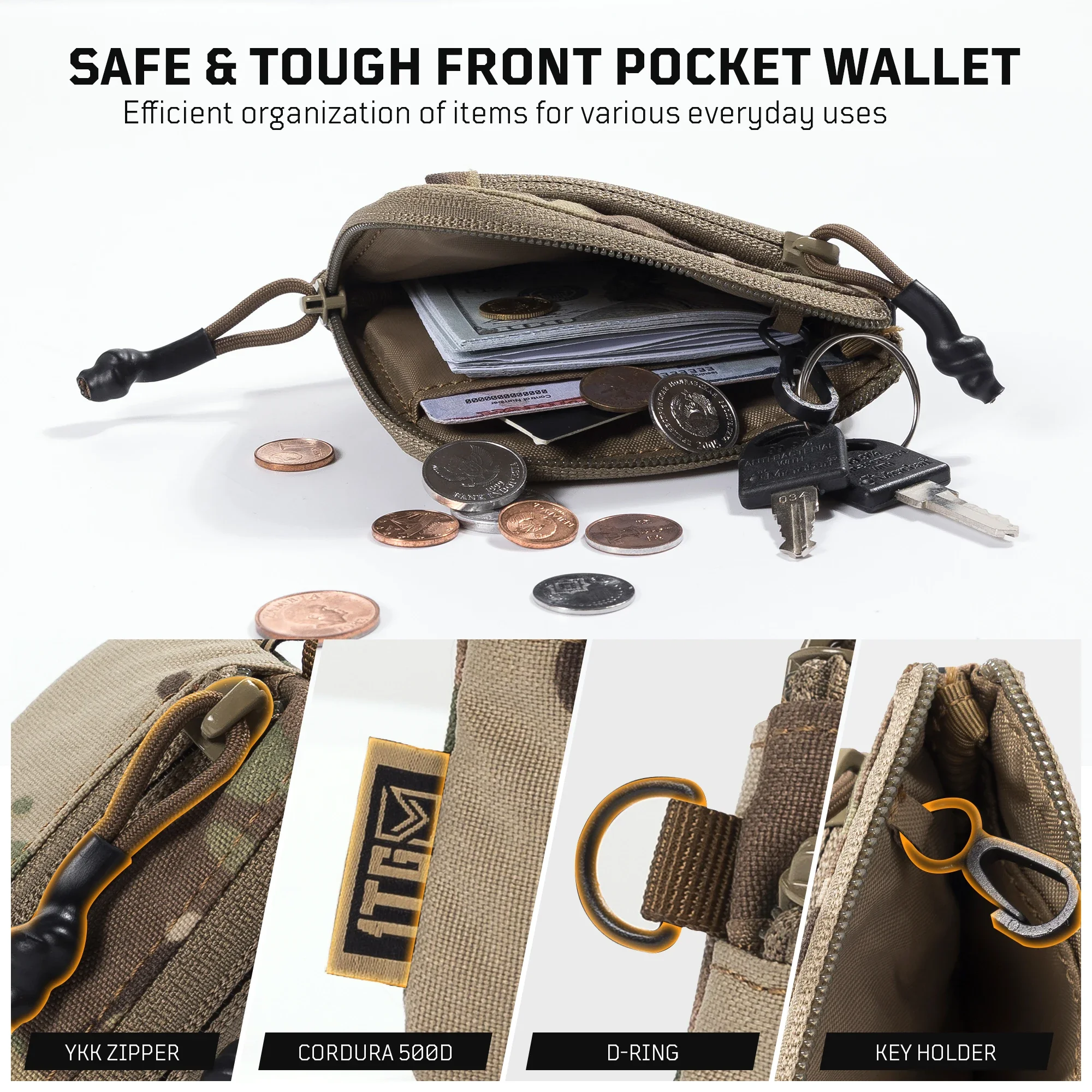 Monedero táctico 1TG, cartera minimalista 500D, monedero, tarjetero, bolsa para dinero, bolsa táctica con cremallera YKK, camuflaje - imagen 5