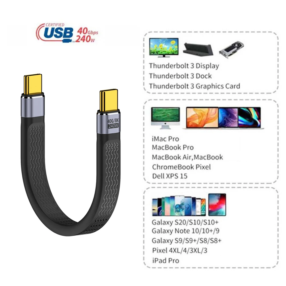 Cable de datos USB 4 Thunderbolt 100W 5A USB C macho a C macho Cable PD rápido 40Gbps 240W 8K plano Delgado FPC para teléfono portátil - imagen 4