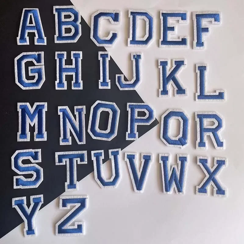 Letras en inglés del alfabeto azul A ~ Z con apliques bordados de borde blanco, parches termoadhesivos para ropa de tela - imagen 4