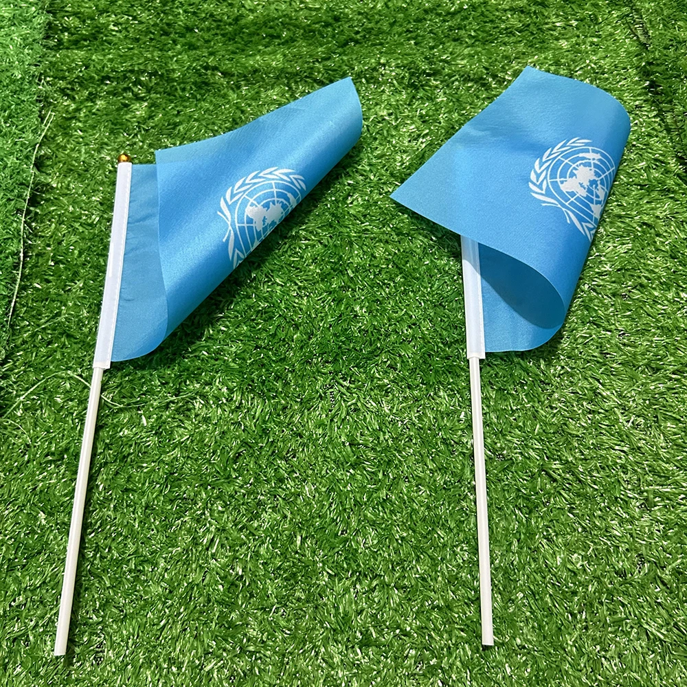 Bandera de mano SKY FLAG UN, 10/20/50/100 Uds., 21x14cm, banderas onduladas a mano de las Naciones Unidas con poste de plástico para decoración de actividades deportivas - imagen 4