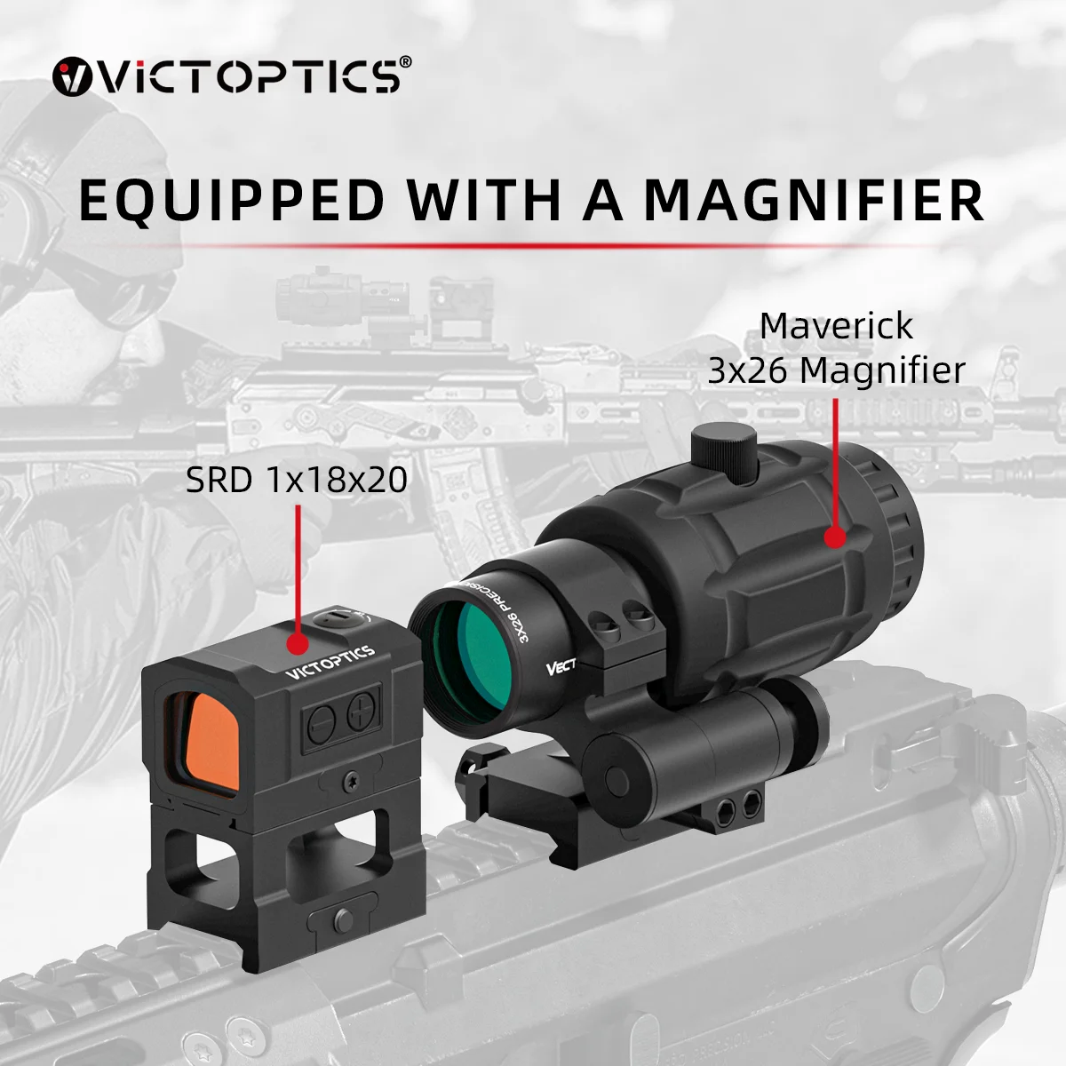 Combo Óptico Táctico VictOptics SRD 1x18x20 Mira de Punto Rojo y Magnificador 3x con Montura Lateral Abatible para Preparación Táctica y Flexibilidad - imagen 2