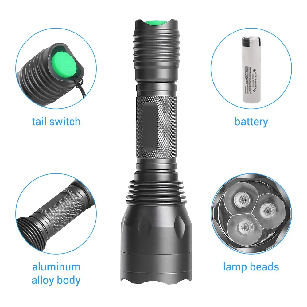 Linterna táctica de caza 3 en 1, 400 lúmenes, luz roja/verde/UV, potente linterna para pesca y Camping, linterna impermeable para exteriores - imagen 3