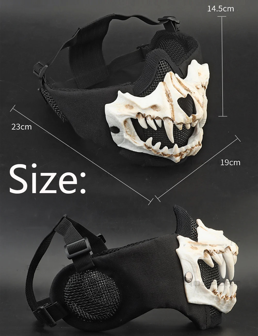 Mascarilla facial de Paintball Airsoft con protectores de oídos de malla de acero, máscara con colmillos, medias máscaras transpirables, accesorios de terror para dientes de vampiro y Halloween - imagen 5