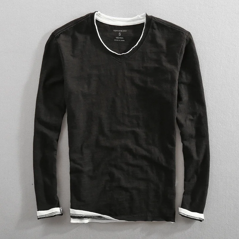 Camiseta manga larga táctica hombre algodón cuello V vintage - imagen 3