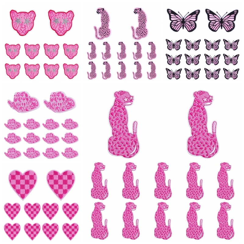 Parche bordado de dibujos animados de leopardo rosa/mariposa, parches para planchar en la ropa, corazón de amor/letra arcoíris, 10 unids/lote - imagen 2