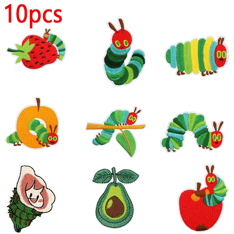 10 Uds. Venta al por mayor parches bordados de dibujos animados parche de manzana de oruga parches para planchar para ropa parches termoadhesivos insignias