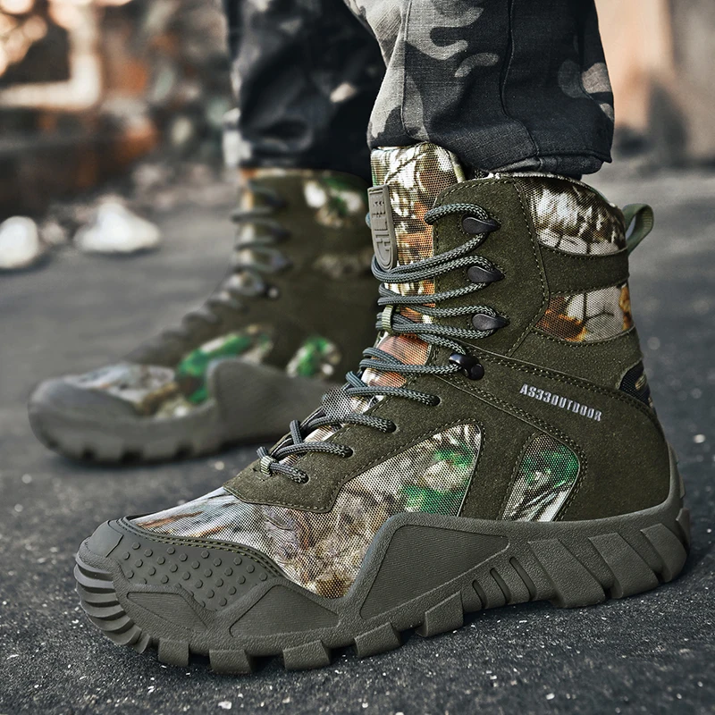 HIKEUP-Botas de invierno para hombre, zapatos deportivos militares de combate, botas de cuero cálidas para senderismo al aire libre - imagen 4