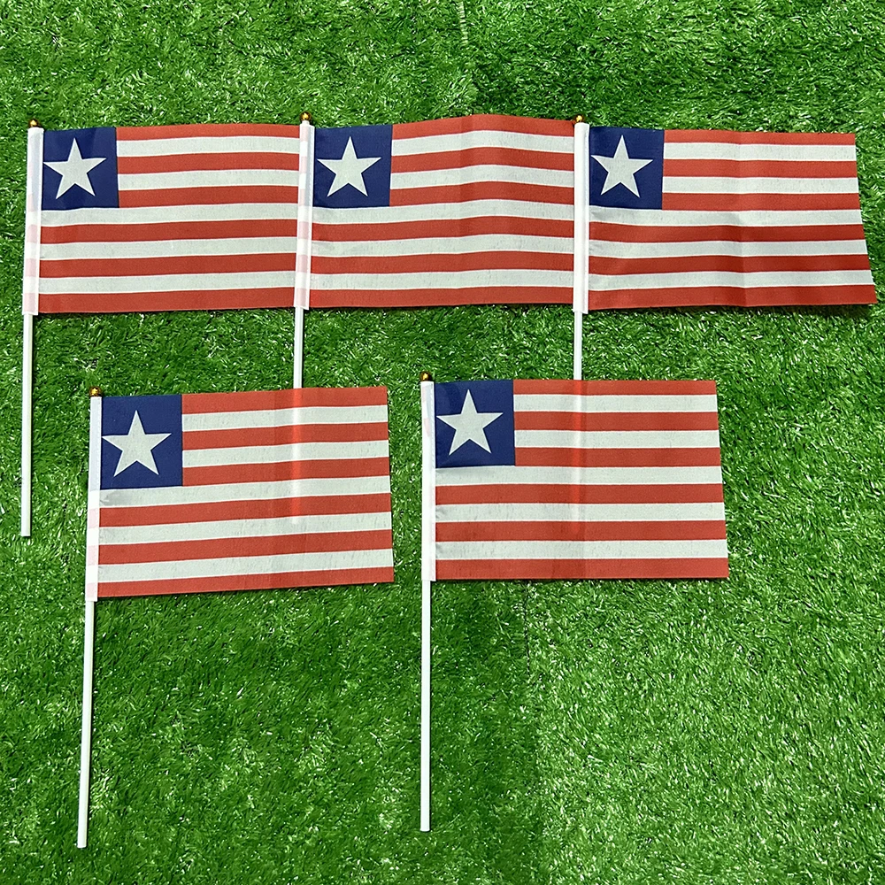 Bandera del cielo bandera de Liberia bandera de Liberia 10/20/50/100pcs 21*14cm bandera de Liberia ondeando a mano con poste de plástico para la decoración del hogar de la actividad deportiva