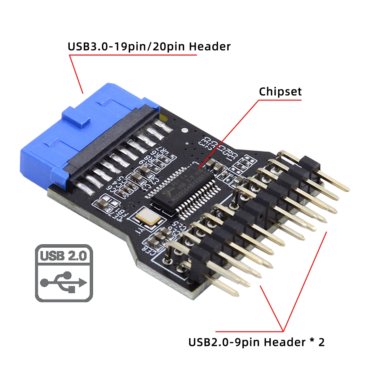 CY-Adaptador de conector de extensión HUB, multiplicador de puerto de placa base, 19 pines, cabezal USB 3,0, 1 a 2 USB2.0, 9 pines hembra - imagen 5