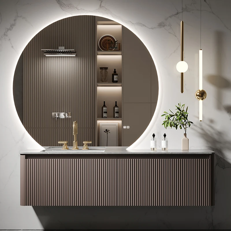 Armario de baño minimalista italiano, combinación de losa de piedra, lavabo integrado sin costuras, lavabo - imagen 5
