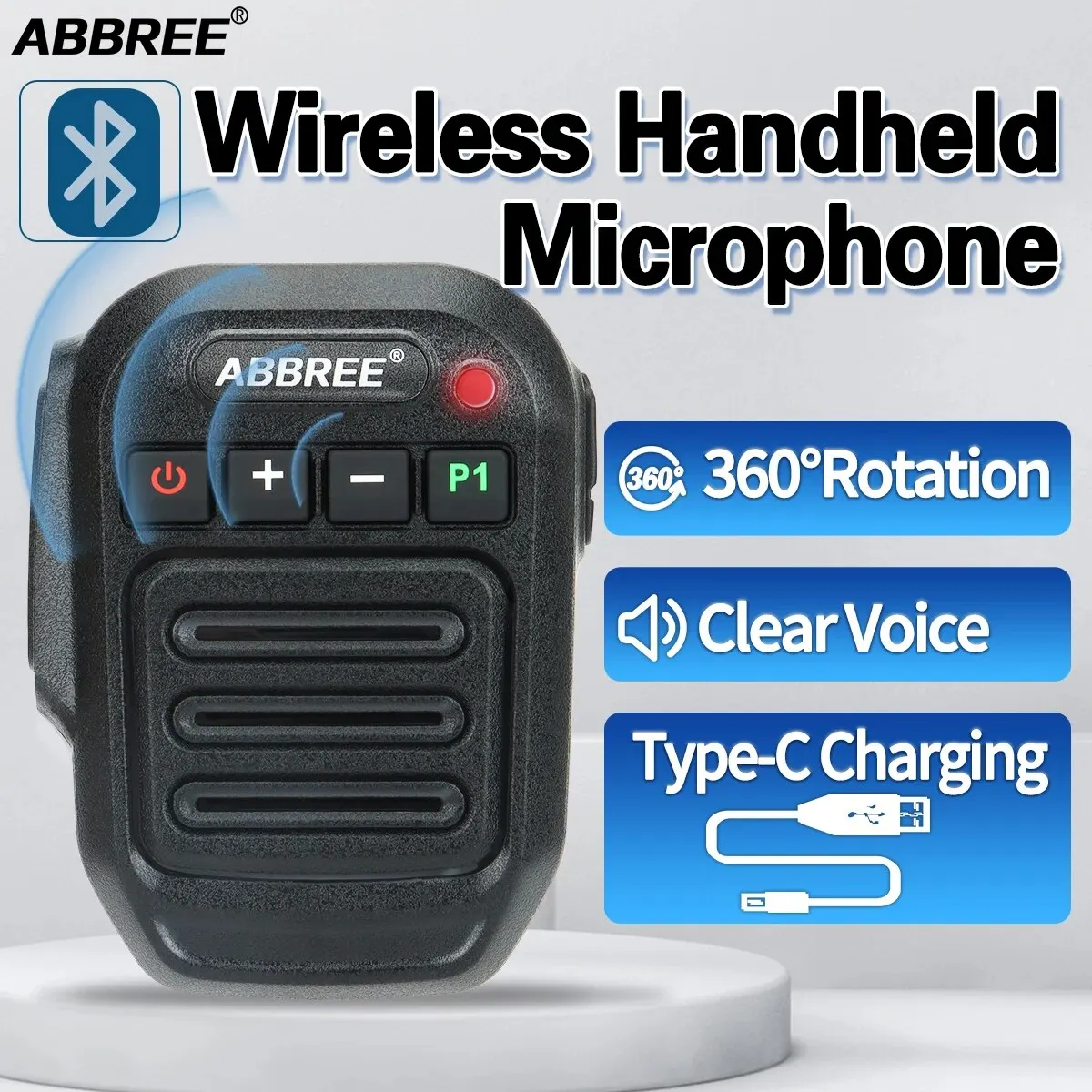 ABBREE micrófono inalámbrico Bluetooth PTT micrófono con altavoz manos libres para Baofeng UV 5R 82 21 13 17 888S Quansheng UV K5 (8) 5R Plus K6