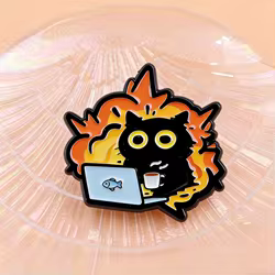 Pin de esmalte gato enfurecido con fuego, broche metálico