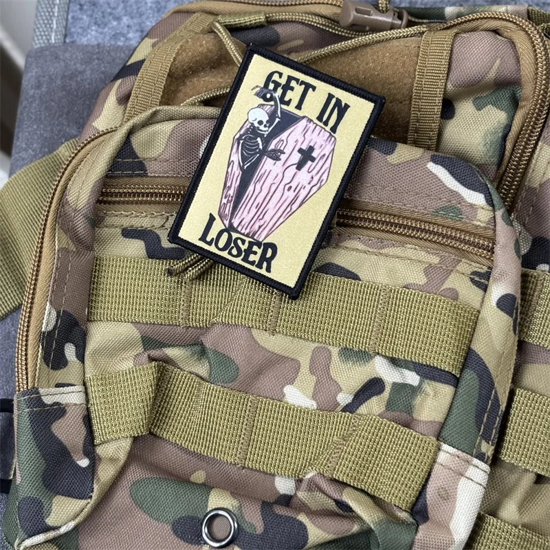 Parche táctico con estampado "GET IN LOSER" para ropa, insignia de moral militar, parches con gancho, brazalete para mochila