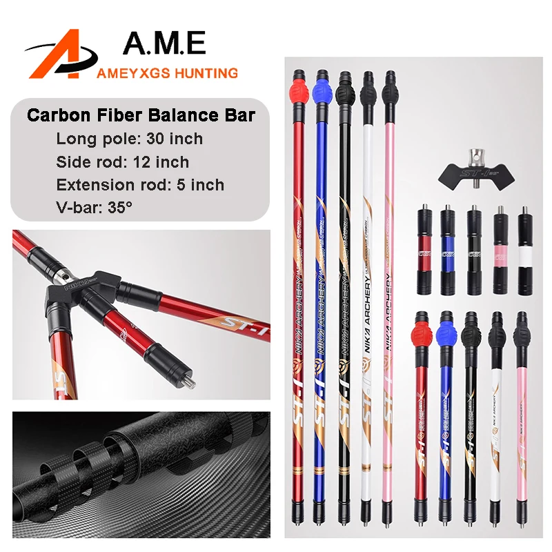 Barra de equilibrio de tiro con arco de 5/12/30 pulgadas 35 ° Barra en V, varilla de fibra de carbono, arco compuesto, arco recurvo, sistema estabilizador, tiro, entrenamiento, caza