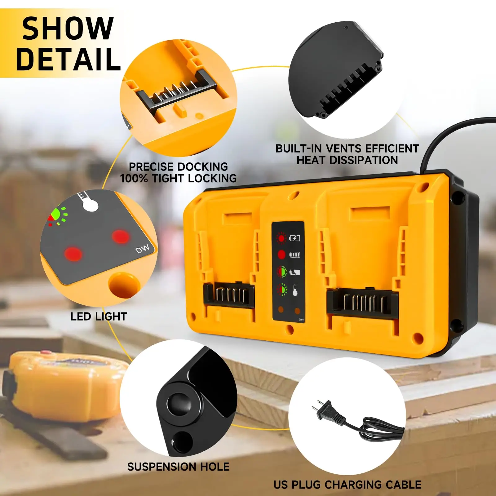 Puertos duales de 90 W para cargador de batería Dewalt 20 V Max - Reemplazo para cargadores de baterías Dewalt 14,4 V/18 V/20 V - imagen 5