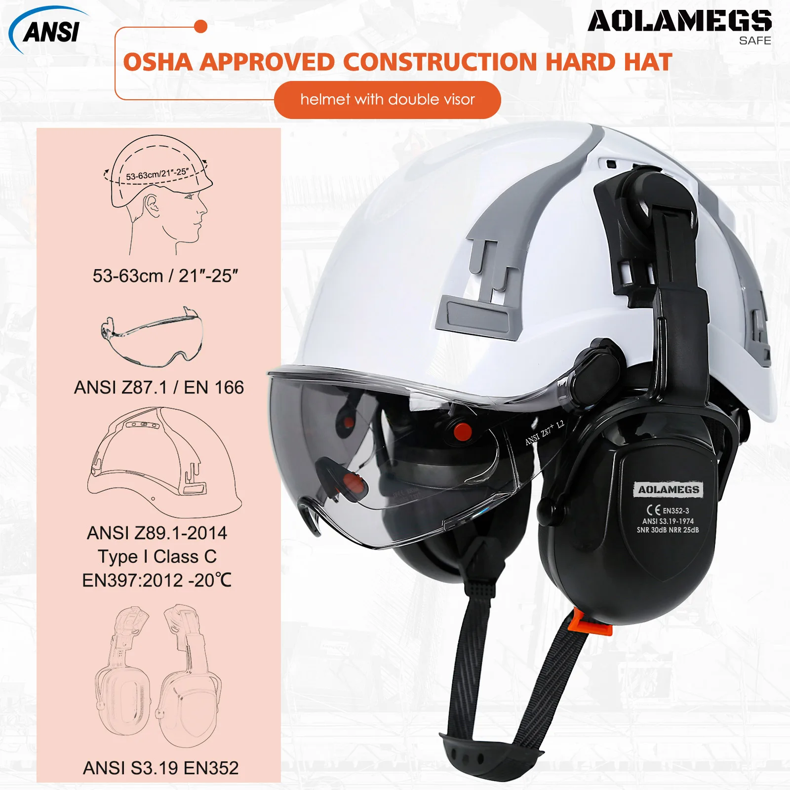 Gorro de seguridad CE con ranuras de ventilación ajustables, orejeras de gafas dobles para ingeniero, construcción ABS, sombrero duro, conjunto de casco Industrial ANSI - imagen 3
