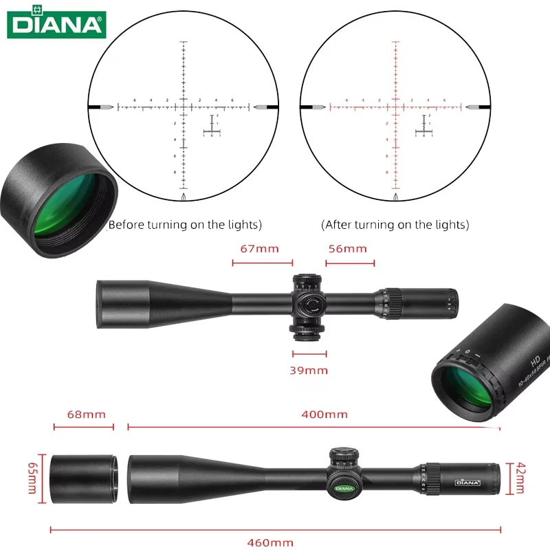 DIANA 10-40X56 alcance SFIR FFP alcance primer plano Focal alcance caza telescopios rojo iluminado tiro buena calidad