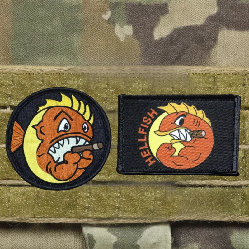 Parche táctico de lucha Hellfish, emblema bordado con gancho y bucle, insignia de moral de pez táctico divertido, pegatinas para mochila con bandera militar - imagen 2