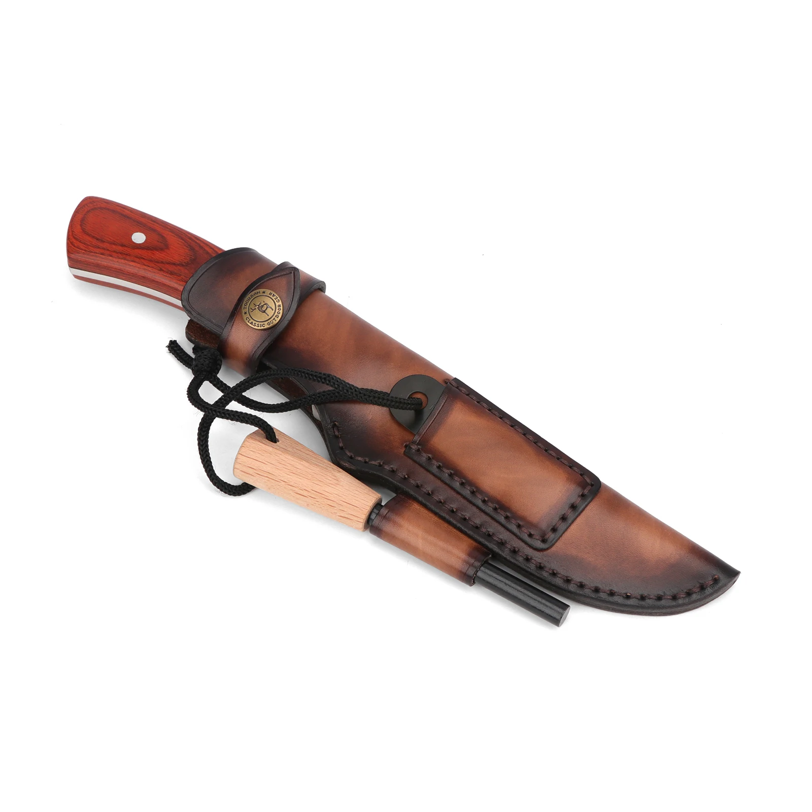 Tourbon Funda para cuchillos de cuero grueso para caza, cubierta para cuchillos de hoja fija hecha a mano con cierre de botón, lazo para cinturón, color marrón - imagen 3