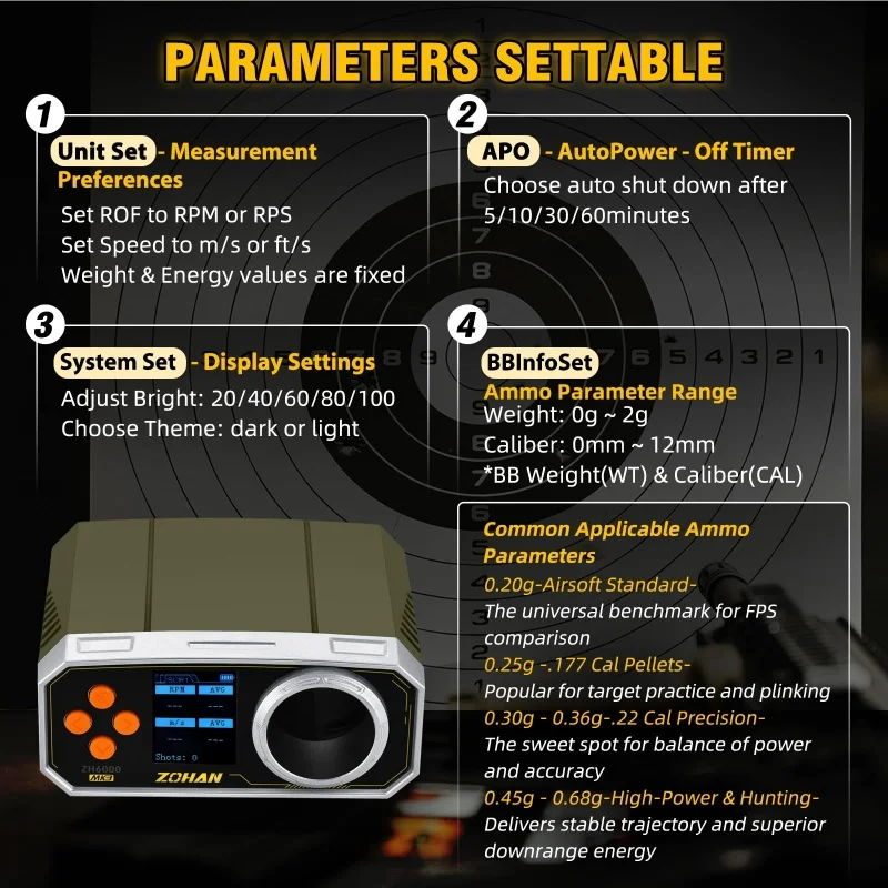 ZOHAN-cronógrafo Airsoft BBS, cronógrafo de Paintball, retroiluminación LCD, probador de velocidad de pistola Airsoft recargable para disparar - imagen 5