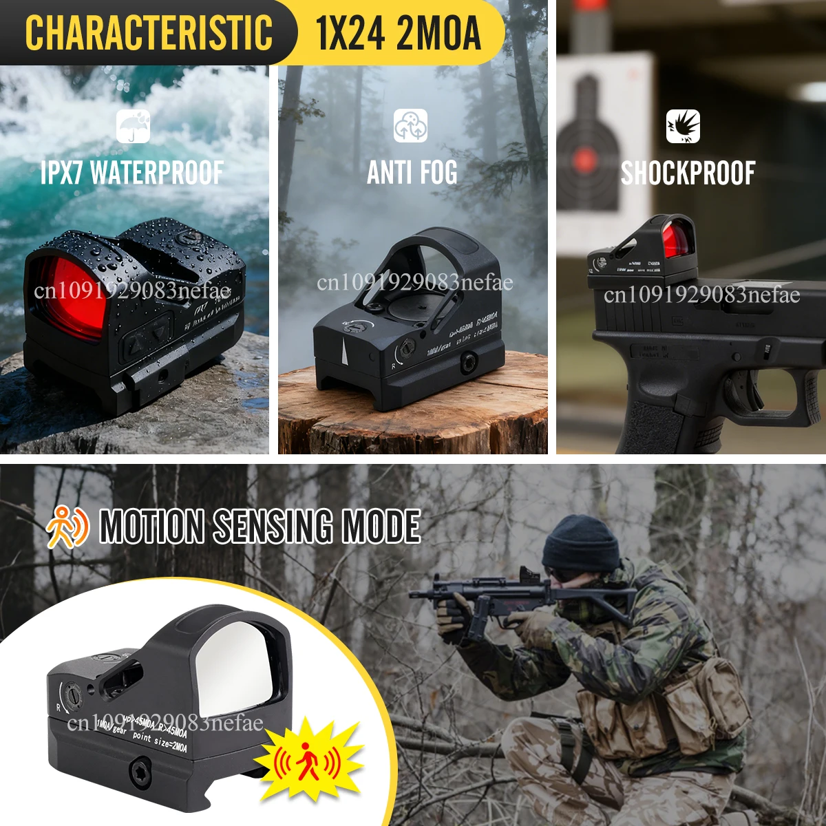 Mira táctica HOW * E 2 MOA, 1x24mm, punto rojo, huella RM, iluminación roja/verde con movimiento despierto para mira telescópica de Rifle de carril Picatinny - imagen 3