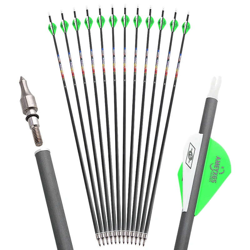 Flecha de carbono puro para tiro con arco de 32,5 pulgadas SP250 300 350 400 500 600 ID6.2mm OD7.8mm 100Gr puntos 2 pulgadas paletas arco caza tiro 6/12 Uds - imagen 2