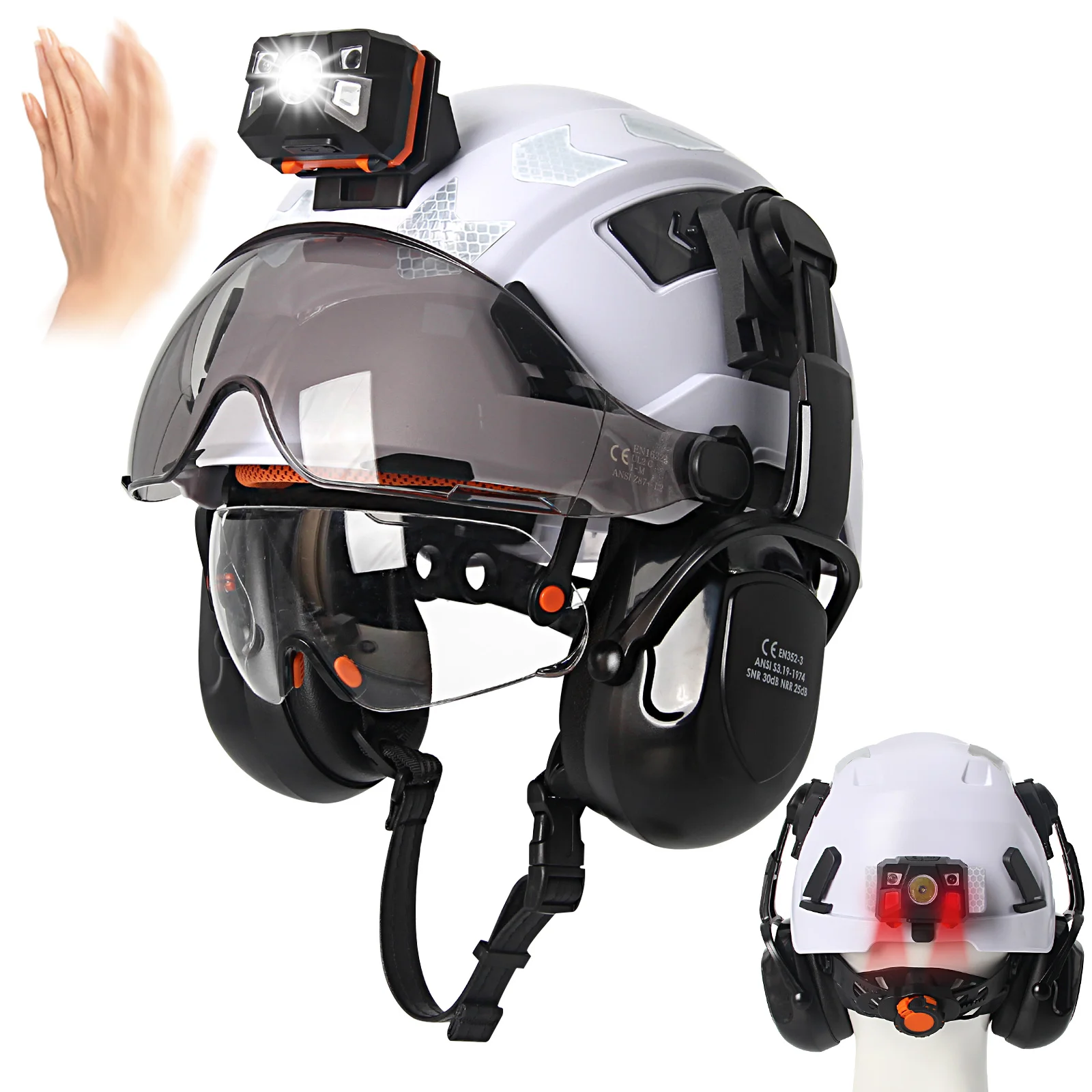 Casco de seguridad para construcción CE con gafas dobles, orejeras, pegatinas reflectantes, casco de ingeniero transpirable deslizante ANSI