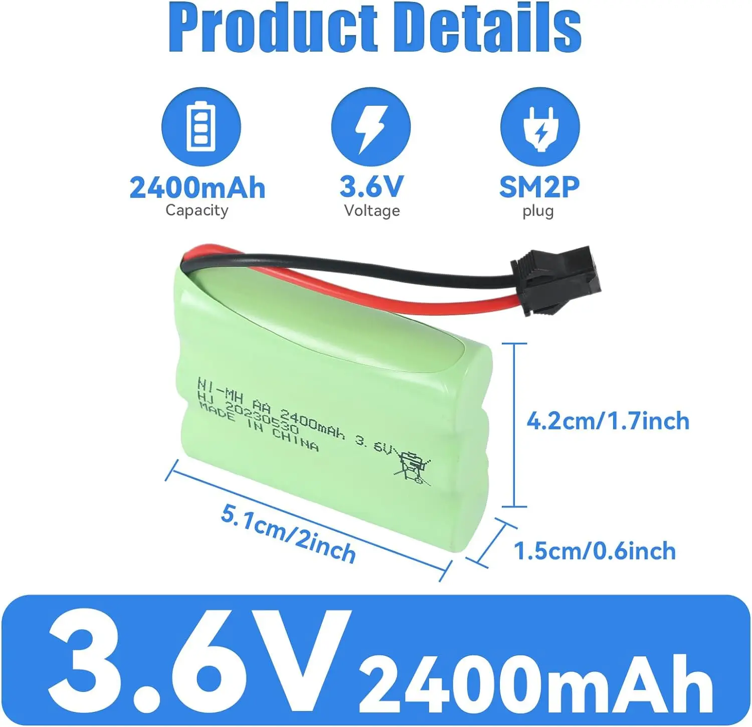 Batería de SM-2P AA NI-MH de 3,6 V y 2400mAh con Cable USB para coche de juguete a control remoto, barco, avión, linterna, máquina eléctrica de equitación segura - imagen 2