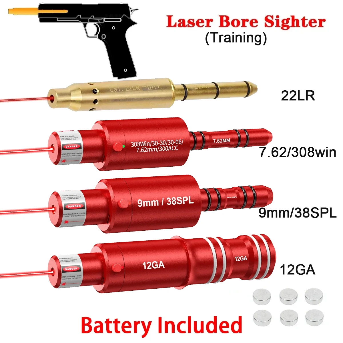 Puntero láser rojo y verde para entrenamiento de caza, calibre de puntero de bala, 9mm, 7,62, 38spl, 177, 22LR, 22 LR, 12GA, 223, 308, 9x19mm - imagen 2