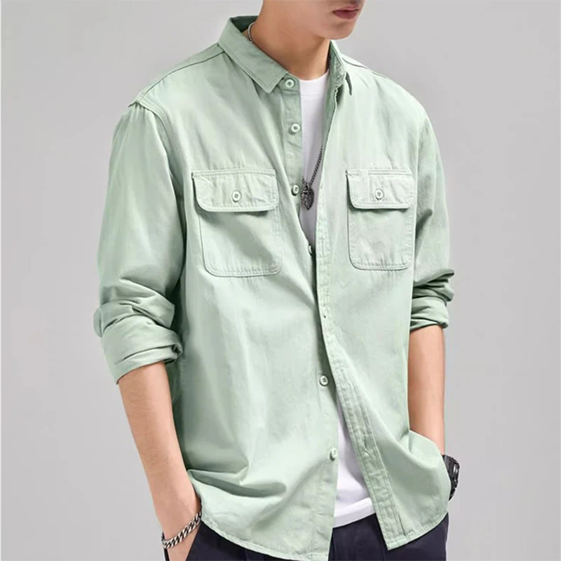 Camisas de calle para hombre, chaqueta ligera informal, camisa de manga larga con dos bolsillos, chaqueta Retro Harajuku para primavera y otoño, 2 uds.