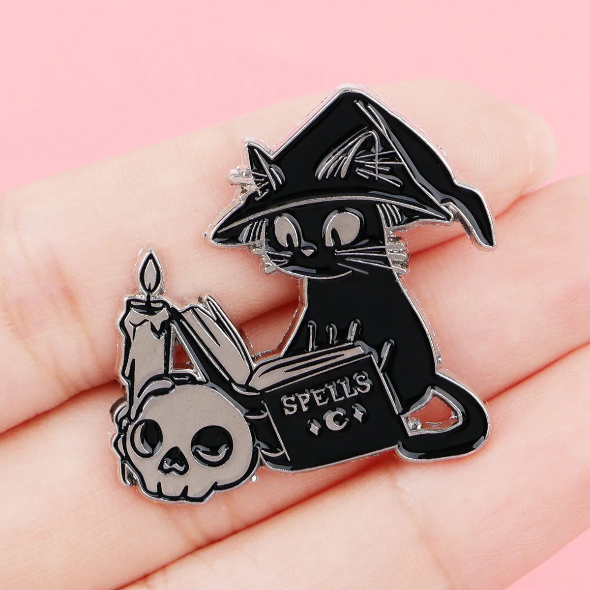 Pin de solapa esmalte gato brujo negro calavera y vela Halloween - imagen 2