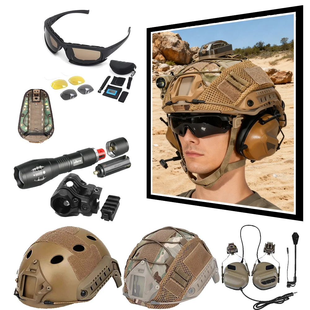 Casco de protección táctica, juego de auriculares HD con Kit de linterna, luz de señal, gafas Airsoft, cubierta de casco de camuflaje para caza