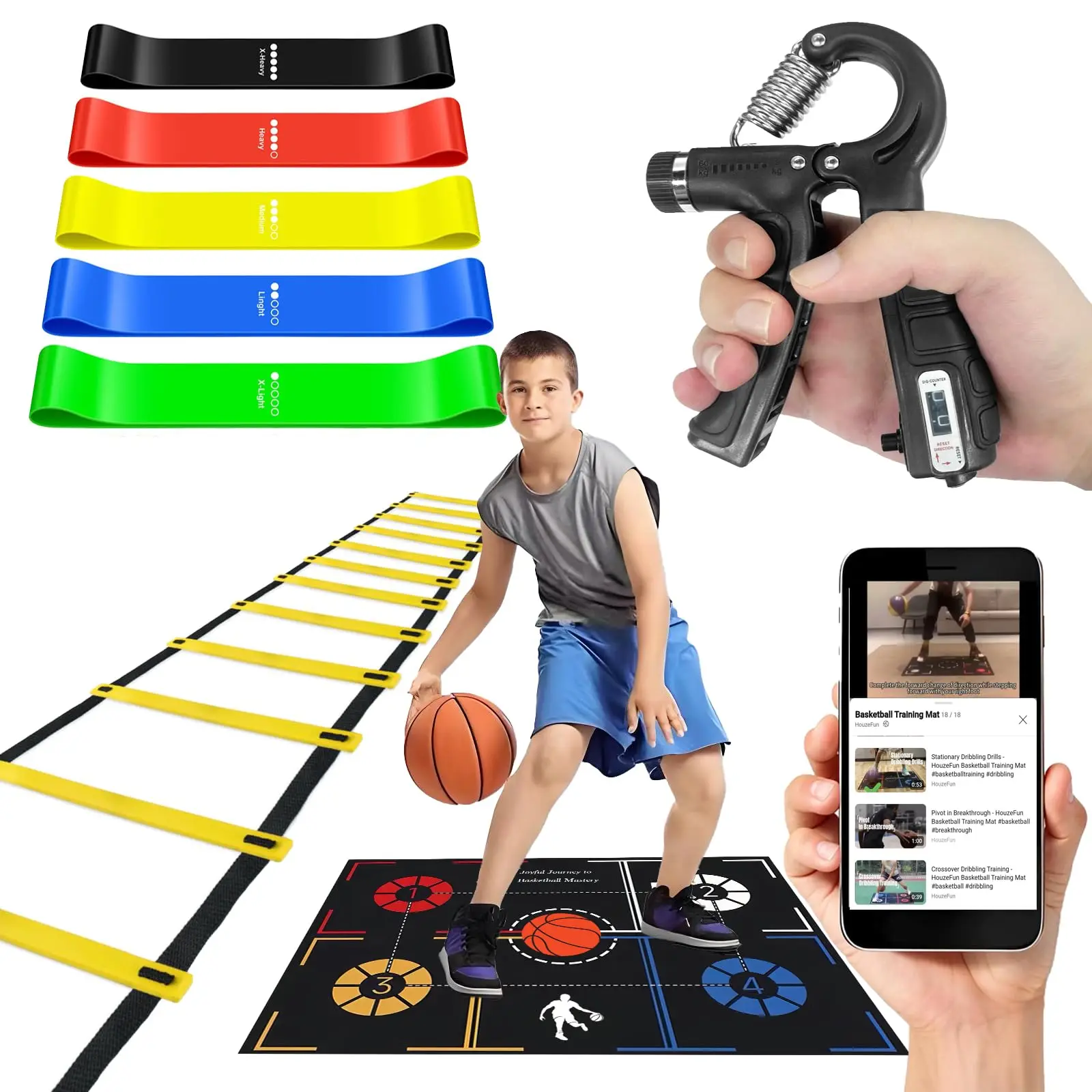 Kit de equipo de entrenamiento de baloncesto con entrenador de drible, entrenamiento de calzado, escalera de agilidad, fortalecedor de agarre manual, bandas de resistencia - imagen 2