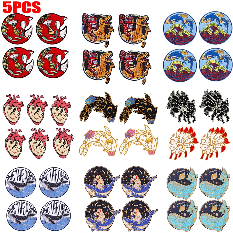 5 uds venta al por mayor ballena zorro gato parche bordado DIY parche de animales de dibujos animados hierro en parches para ropa Jeans sombreros pegatinas de costura