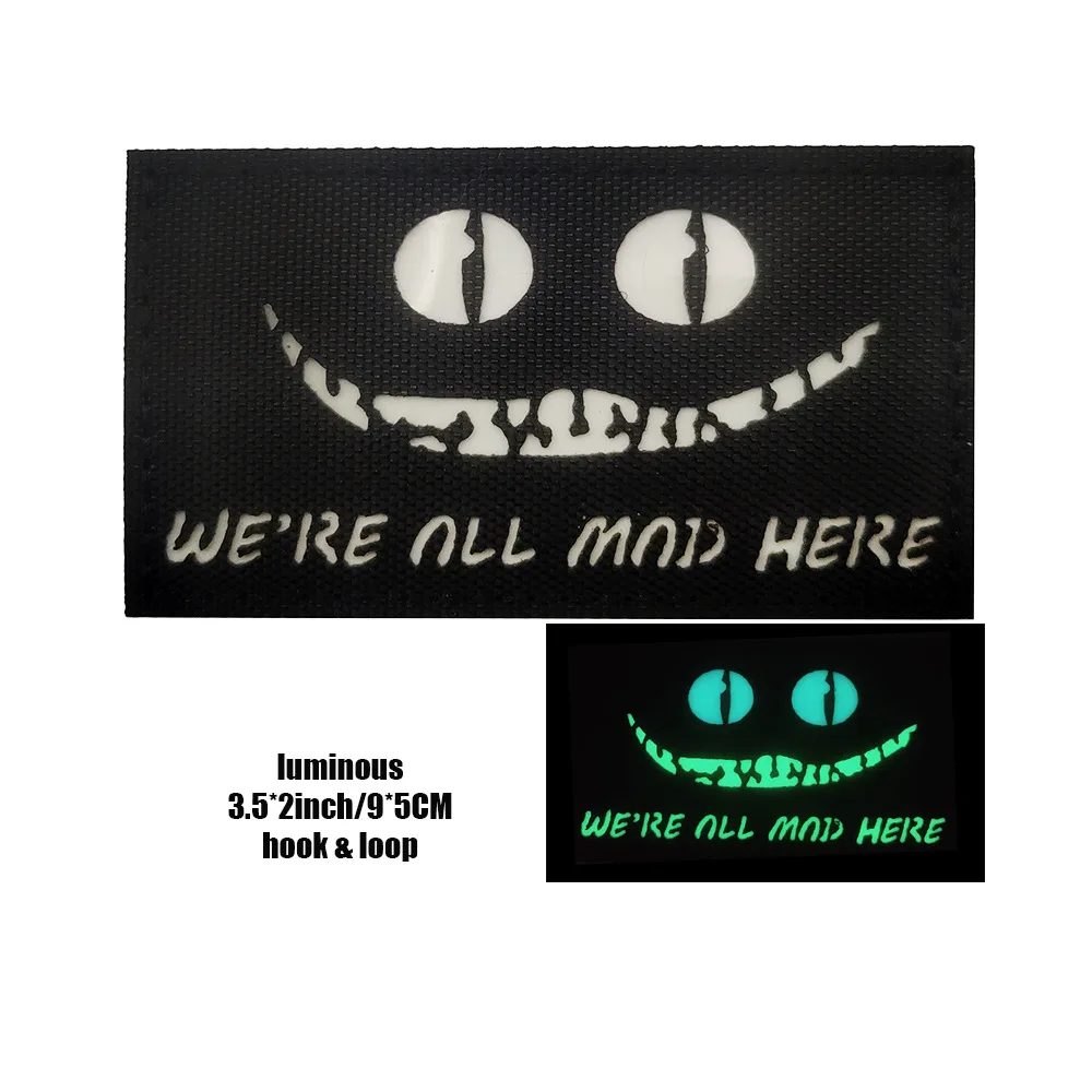WE ARE ALL MAD HERE PATCHES IR reflectante ojos de gato de Cheshire insignia táctica bordada del ejército para decoración de bolsos de ropa - imagen 5