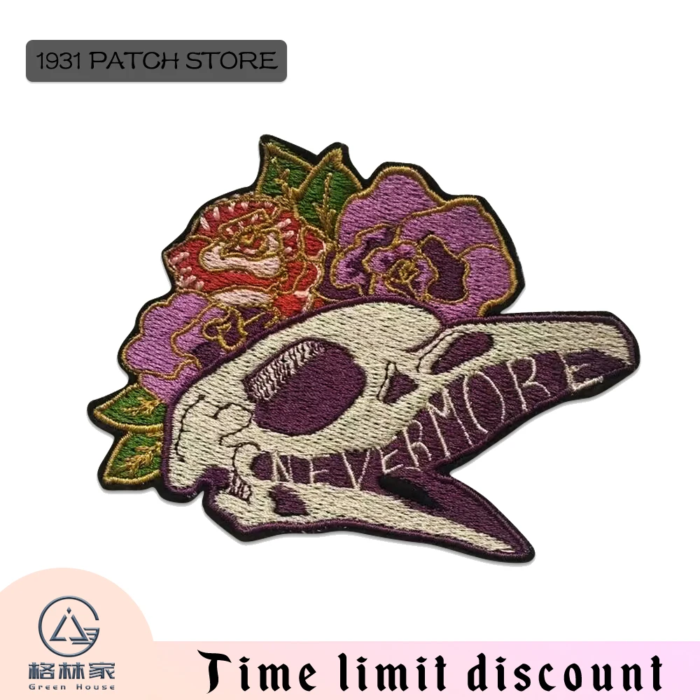Nunca más parches bordados de calavera con flores, insignia para planchar, parches bordados para ropa, sudaderas, mochila, chaquetas, balancín