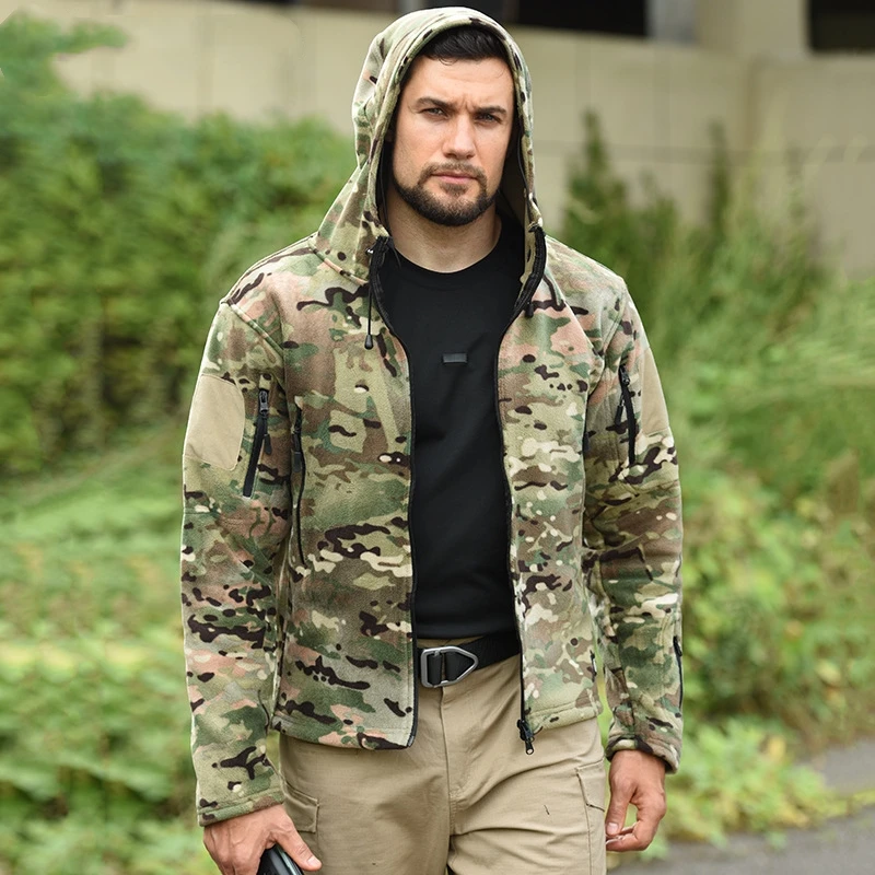 Chaqueta táctica de lana para hombre, chaqueta militar con cremallera completa, abrigo cálido con capucha para exteriores, chaquetas Softshell del ejército para hombre, Otoño e Invierno - imagen 4