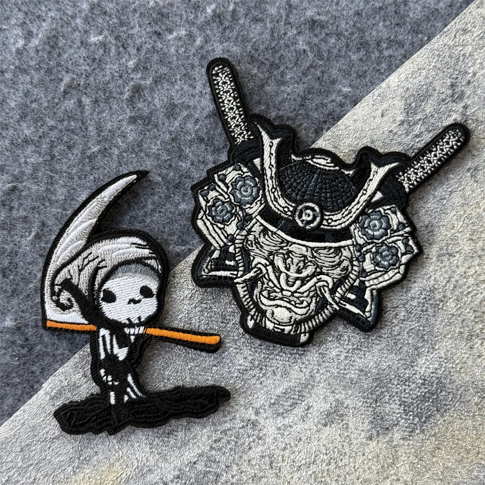 Mochila con gancho y bucle bordado samurái y Reaper de la muerte, pegatina para ropa, insignia de moral táctica, parches, brazalete militar