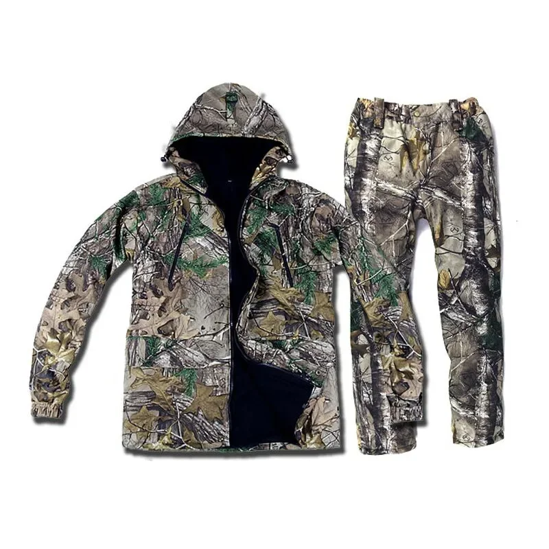 Trajes de camuflaje biónico para caza al aire libre, ropa táctica de senderismo, chaqueta, pantalones, cortavientos, Sudadera con capucha, guantes, sombrero, invierno, 4 piezas - imagen 2