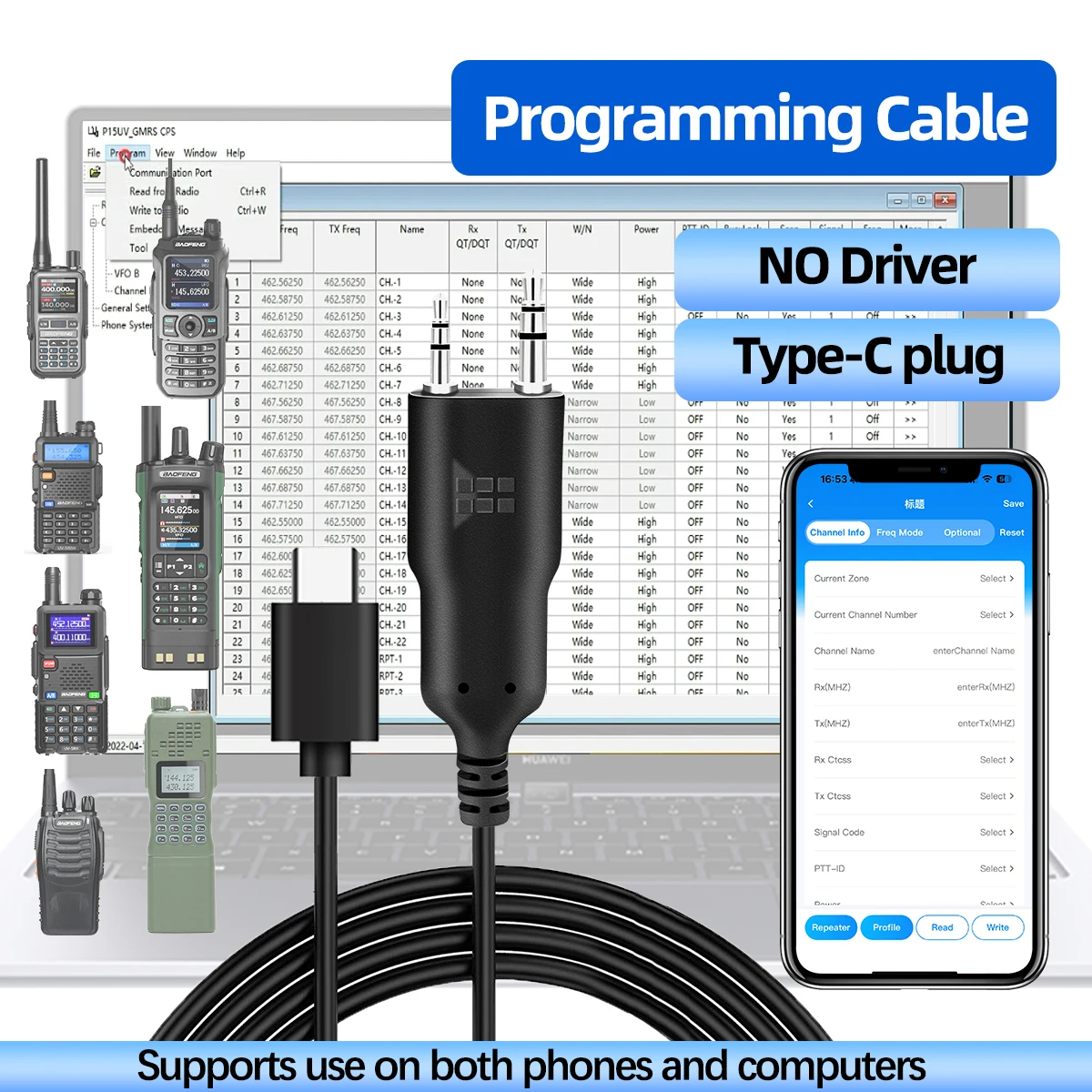 ABBREE Cable de programación de aplicaciones de teléfono inalámbrico Bluetooth para Baofeng UV 5RH UV-5R Mini BF-888S UV-21 Quansheng UV-K5 Walkie Talkie