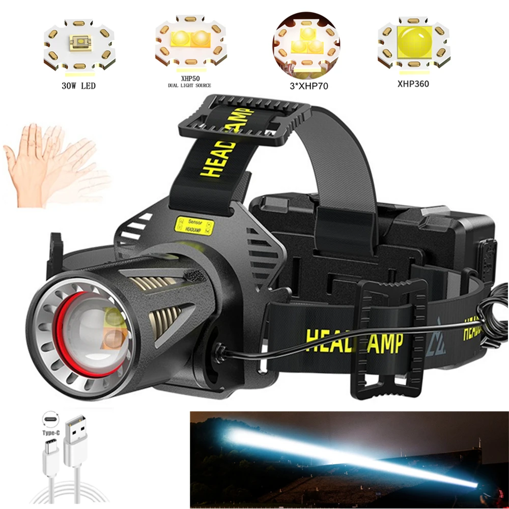 Linterna frontal recargable XHP360 – Faro LED potente para exteriores