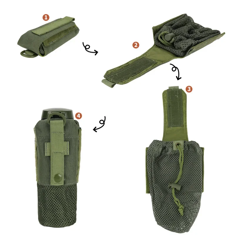 Bolsa para botella de agua para deportes al aire libre, bolsa de almacenamiento Molle táctica, soporte para hervidor, accesorios de transporte de malla para senderismo y acampada - imagen 5