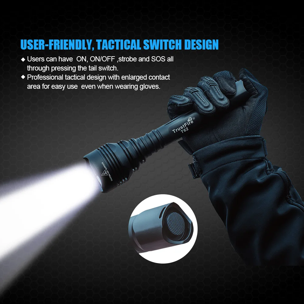 Trustfire-linterna táctica potente T62, luz led XHP70 impermeable IPX8, lámpara Ultra brillante para exteriores, defensa personal, caza - imagen 4