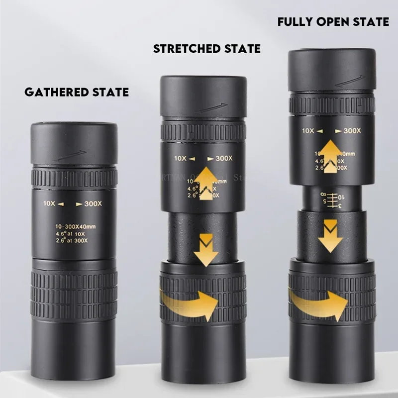 Telescopio Monocular de alta definición 10-300x40 con soporte para teléfono, para observación de aves, caza, Camping, viaje, Zoom potente